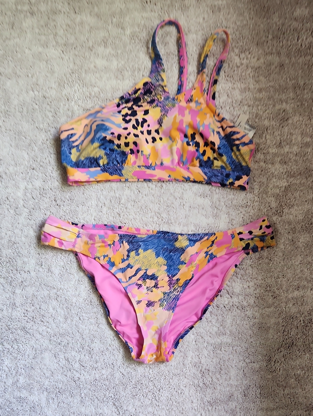 Jessica Simpson Pink, Yellow & Blue Abstract Print Bikini Set